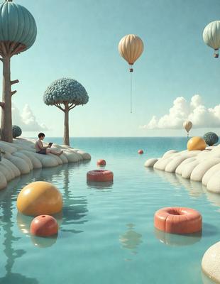 The primary subject of the image is a man sitting on a rock near a body of water. He is holding a book, possibly reading or taking a break from reading. The setting is a beach with a body of water, and the visual style appears to be a digital art or illustration. The colors and mood of the image are serene and peaceful, with the man enjoying his time by the water.